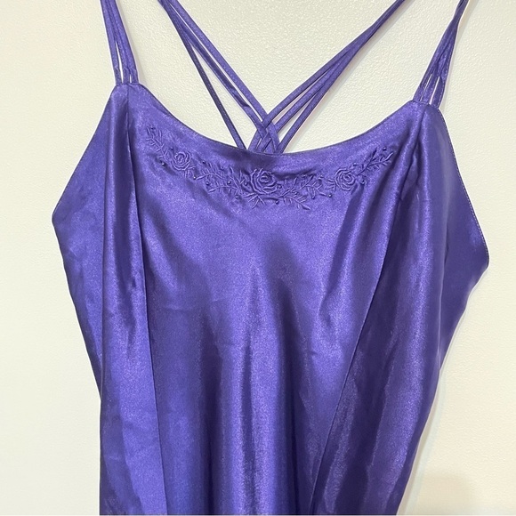 💫 Purple Beaded Satin Strappy Thigh Slit Crisscross Back Mini Slip Dress - Picture 6 of 6